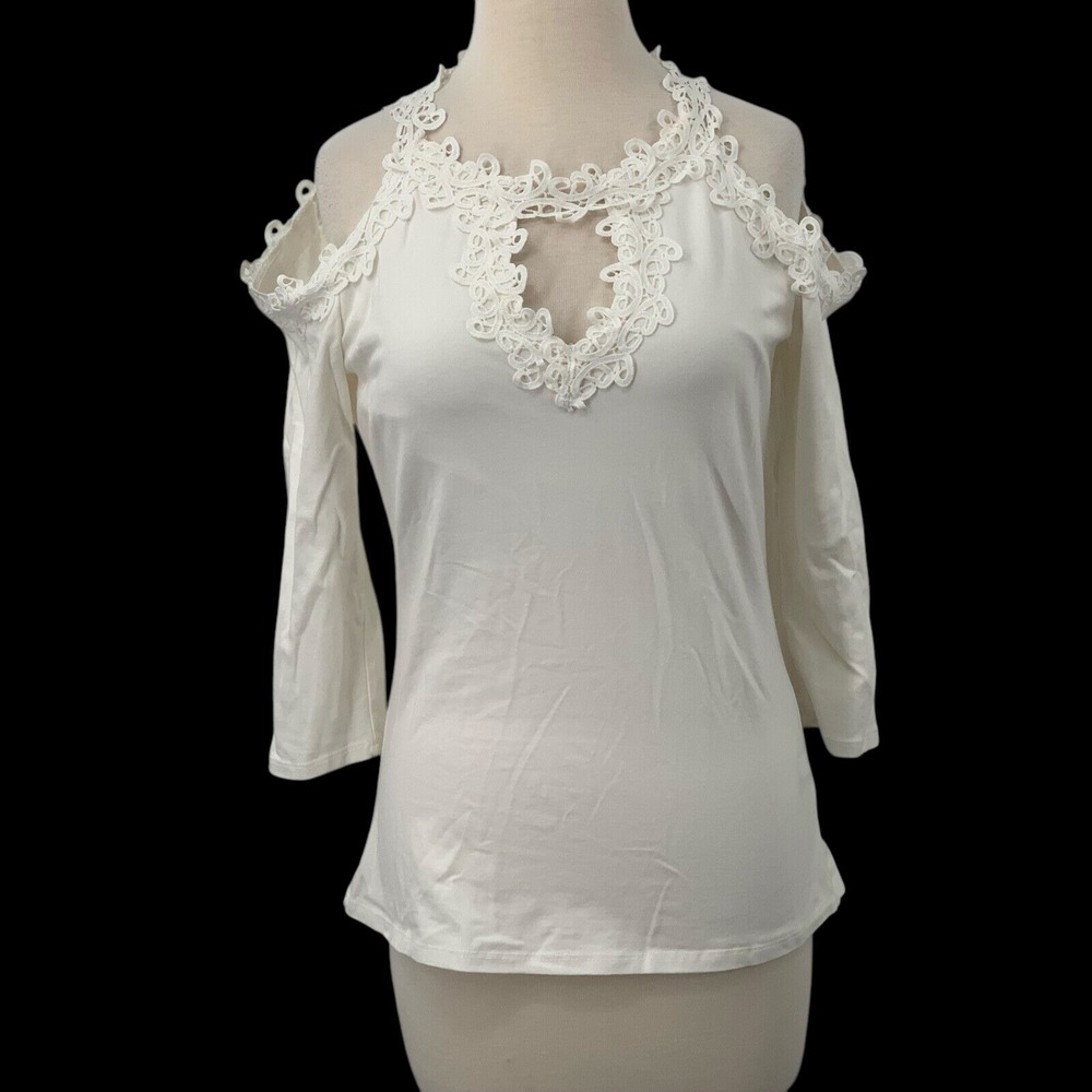 Boston Proper Women's 3/4 Sleeve Cold Shoulder White Crochet Lace Top Keyhole S